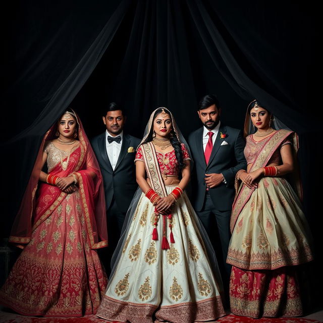 A dramatic scene set beneath a darkened veil, featuring three couples in an Indian wedding theme intertwined with mafia elements