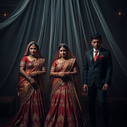 A dramatic scene set beneath a darkened veil, featuring three couples in an Indian wedding theme intertwined with mafia elements