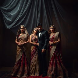 A dramatic scene set beneath a darkened veil, featuring three couples in an Indian wedding theme intertwined with mafia elements