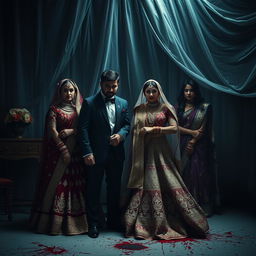 A dramatic scene set beneath a darkened veil, featuring three couples in an Indian wedding theme intertwined with mafia elements