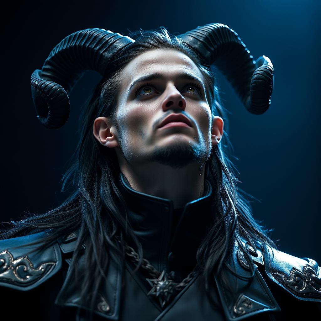 A handsome young blue male tiefling with dramatic black ram horns, flowing long black hair, and a stylish goatee, his captivating gold eyes gazing upwards with an intense expression