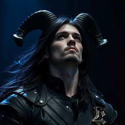 A handsome young blue male tiefling with dramatic black ram horns, flowing long black hair, and a stylish goatee, his captivating gold eyes gazing upwards with an intense expression