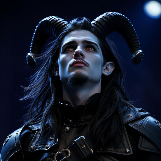 A handsome young blue male tiefling with dramatic black ram horns, flowing long black hair, and a stylish goatee, his captivating gold eyes gazing upwards with an intense expression