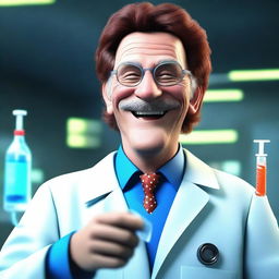 A 3D animated image depicting a handsome, older scientist with brown hair, laughing heartily while holding a syringe, set in a dimly lit blue laboratory