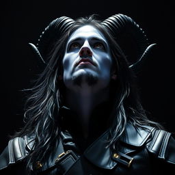 A handsome young blue male tiefling with dramatic black ram horns, flowing long black hair, and a stylish goatee, his captivating gold eyes gazing upwards with an intense expression