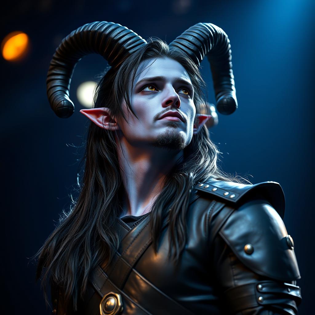 A handsome young blue male tiefling, featuring prominent black ram horns, cascading long black hair, and a stylish goatee, with captivating gold eyes looking up and to the side, revealing a sense of longing or contemplation