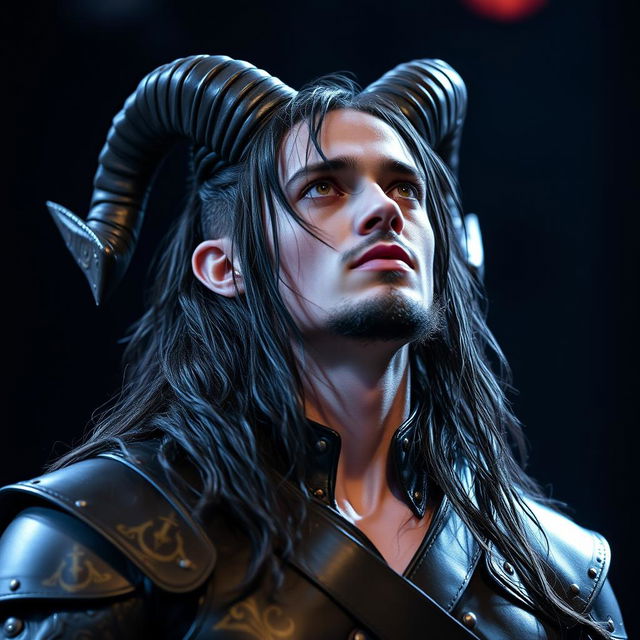 A handsome young blue male tiefling, featuring prominent black ram horns, cascading long black hair, and a stylish goatee, with captivating gold eyes looking up and to the side, revealing a sense of longing or contemplation