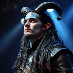 A handsome young blue male tiefling, featuring prominent black ram horns, cascading long black hair, and a stylish goatee, with captivating gold eyes looking up and to the side, revealing a sense of longing or contemplation