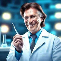 A 3D animated image depicting a handsome, older scientist with brown hair, laughing heartily while holding a syringe, set in a dimly lit blue laboratory