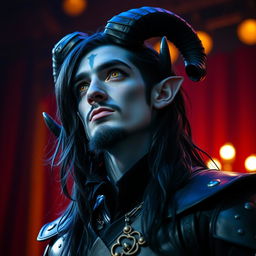 A handsome young blue male tiefling, featuring prominent black ram horns, cascading long black hair, and a stylish goatee, with captivating gold eyes looking up and to the side, revealing a sense of longing or contemplation