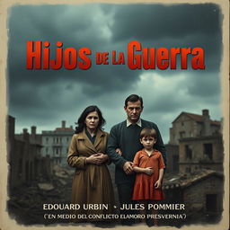 A poignant movie poster for the film 'Hijos de la Guerra' showcasing a sad family standing together amidst a backdrop of destruction from the Spanish Civil War