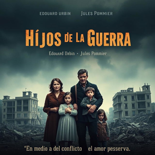 A poignant movie poster for the film 'Hijos de la Guerra' showcasing a sad family standing together amidst a backdrop of destruction from the Spanish Civil War