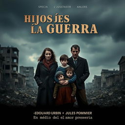 A poignant movie poster for the film 'Hijos de la Guerra' showcasing a sad family standing together amidst a backdrop of destruction from the Spanish Civil War