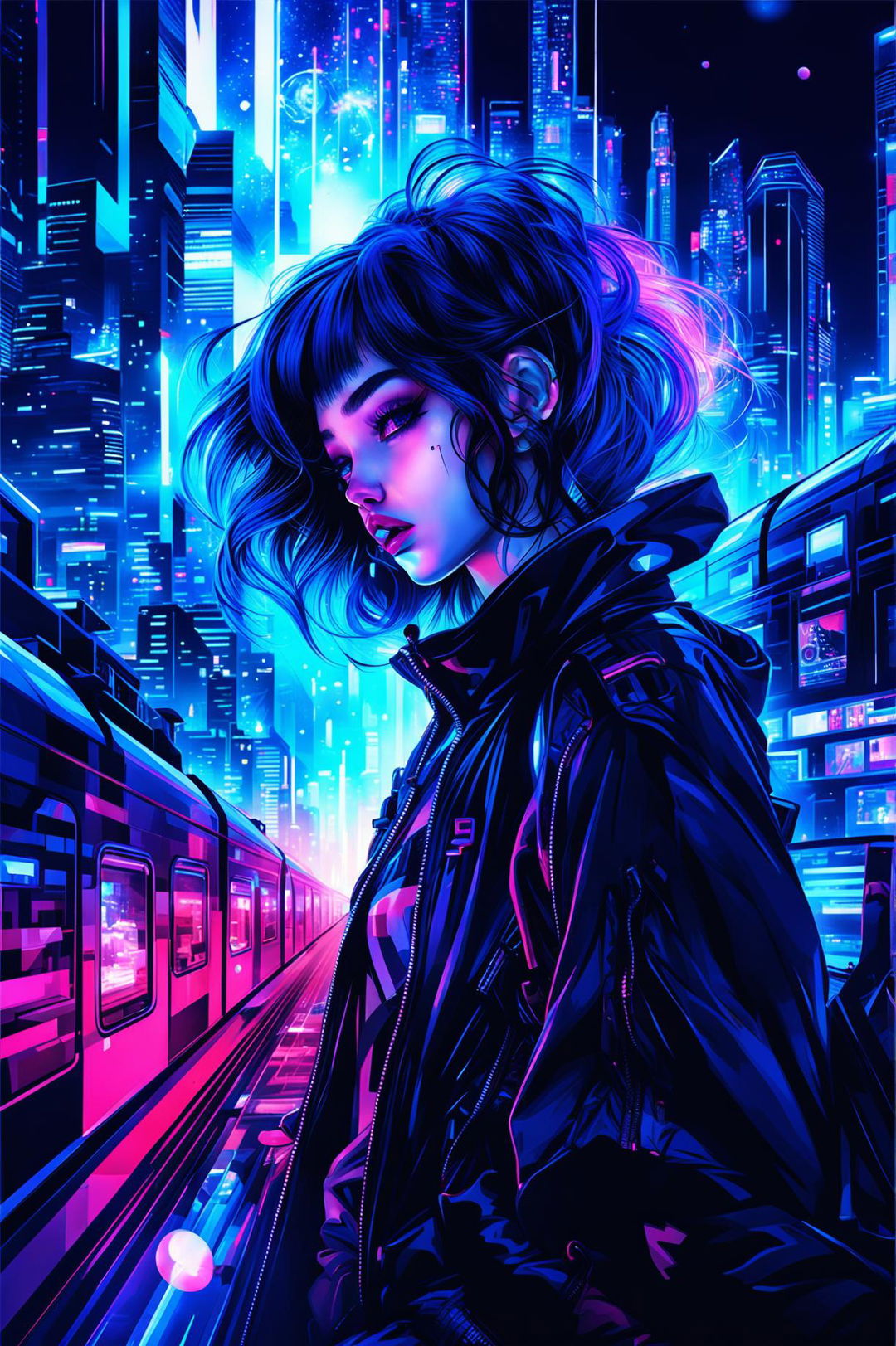 A cyberpunk-styled digital art piece featuring a girl with sky-blue hair blowing pink bubblegum on a futuristic train at night