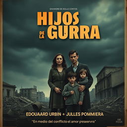 A poignant movie poster for the film 'Hijos de la Guerra' showcasing a sad family standing together amidst a backdrop of destruction from the Spanish Civil War