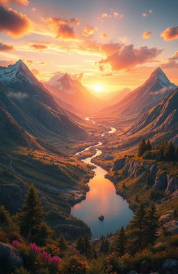 A breathtaking overview of a fictional mountainous region called Mona Heights, showcasing diverse vegetation, flowing rivers, and scenic valleys