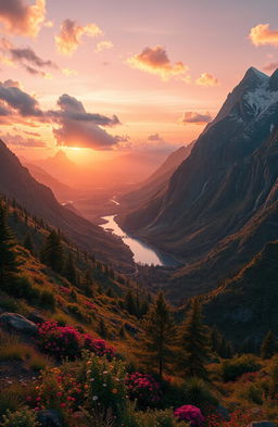 A breathtaking overview of a fictional mountainous region called Mona Heights, showcasing diverse vegetation, flowing rivers, and scenic valleys