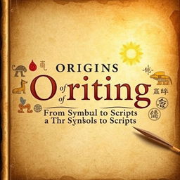 A captivating book cover for the title "Origins of Writing" with the subtitle "From Symbols to Scripts: Uncovering the Origins of Writing Systems"