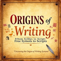 A captivating book cover for the title "Origins of Writing" with the subtitle "From Symbols to Scripts: Uncovering the Origins of Writing Systems"