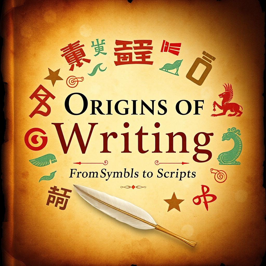 A captivating book cover for the title "Origins of Writing" with the subtitle "From Symbols to Scripts: Uncovering the Origins of Writing Systems"