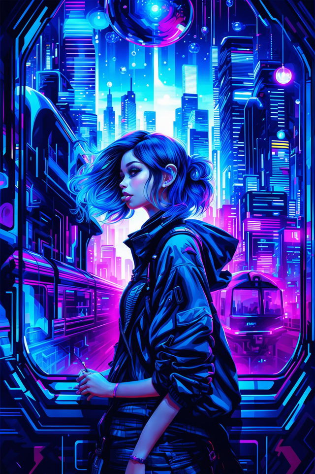 A digital art image embodying a cyberpunk aesthetic, featuring a futuristic girl with sky-blue hair blowing a pink bubblegum bubble on a high-tech train at night, with the neon-lit cityscape reflecting off the bubble