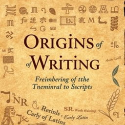 A visually engaging book cover for the title "Origins of Writing" featuring the subtitle "From Symbols to Scripts: Uncovering the Origins of Writing Systems"