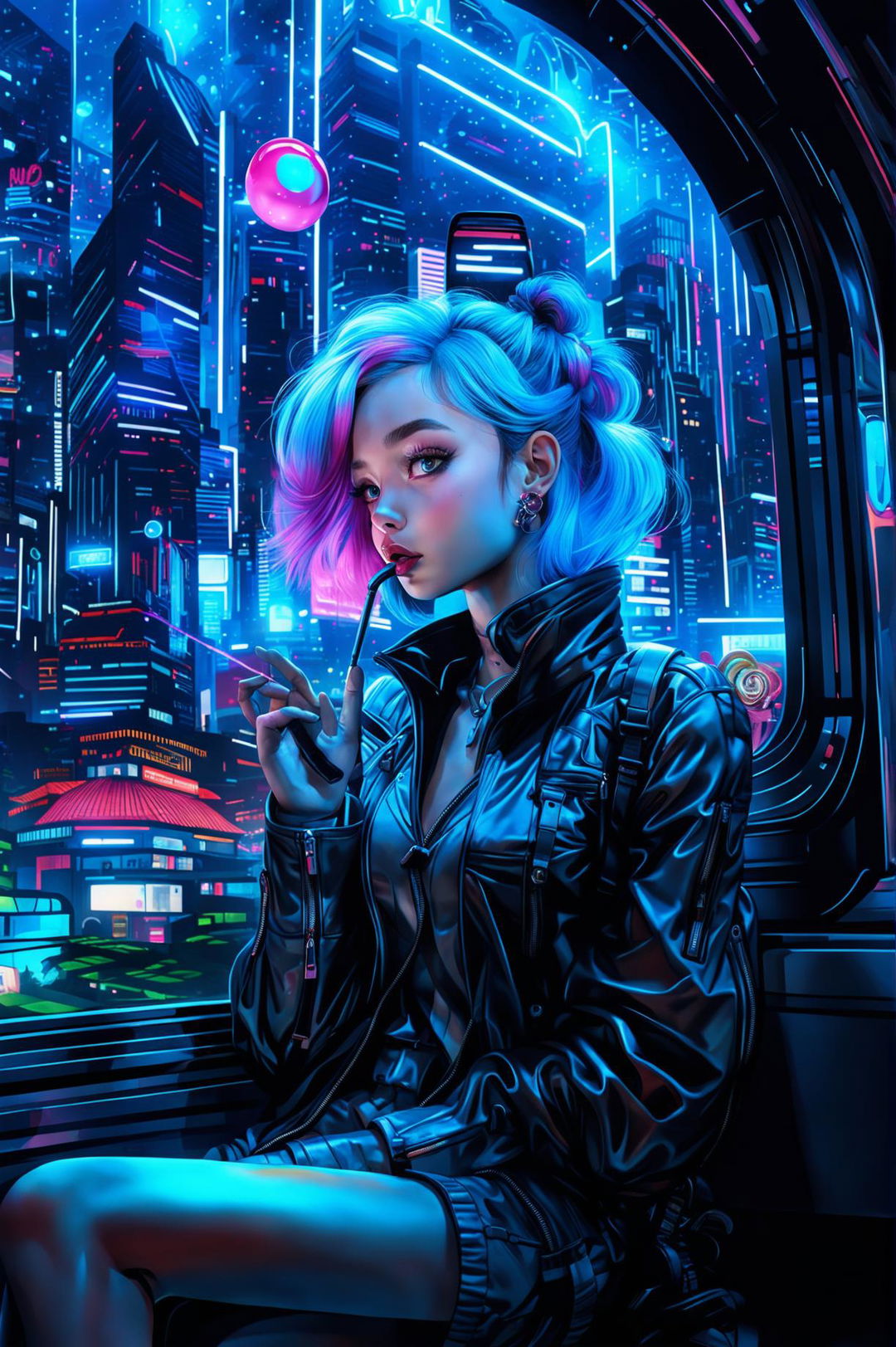 A high-quality digital rendering of a cyberpunk scene featuring a girl with sky-blue hair blowing a large pink bubblegum bubble on a cyberpunk train