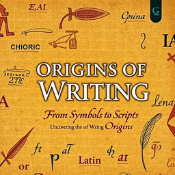 A visually engaging book cover for the title "Origins of Writing" featuring the subtitle "From Symbols to Scripts: Uncovering the Origins of Writing Systems"