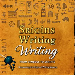 A visually engaging book cover for the title "Origins of Writing" featuring the subtitle "From Symbols to Scripts: Uncovering the Origins of Writing Systems"
