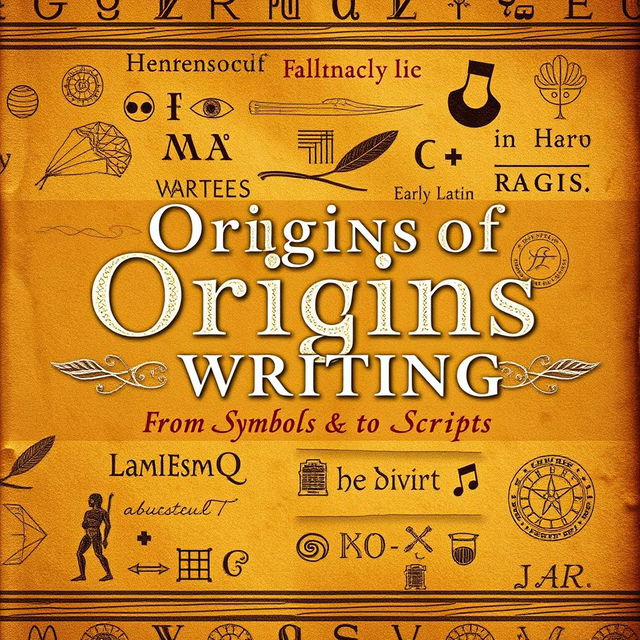 A visually engaging book cover for the title "Origins of Writing" featuring the subtitle "From Symbols to Scripts: Uncovering the Origins of Writing Systems"