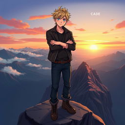 A striking illustration of a character named Cade, who is an adventurous young adult with a confident demeanor