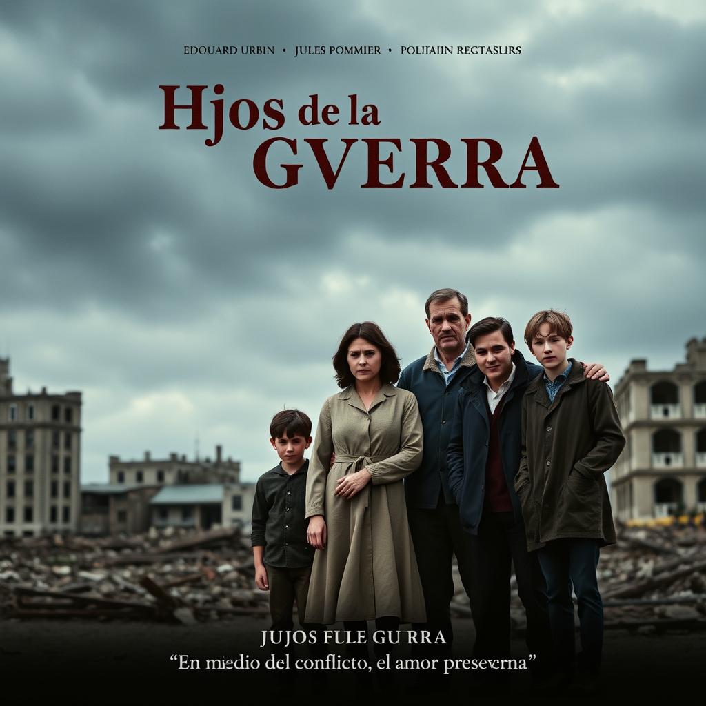 A poignant movie poster for the film 'Hijos de la Guerra' showcasing a sad family of five standing together amidst a backdrop of destruction from the Spanish Civil War