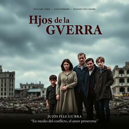 A poignant movie poster for the film 'Hijos de la Guerra' showcasing a sad family of five standing together amidst a backdrop of destruction from the Spanish Civil War