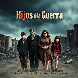 A poignant movie poster for the film 'Hijos de la Guerra' showcasing a sad family of five standing together amidst a backdrop of destruction from the Spanish Civil War