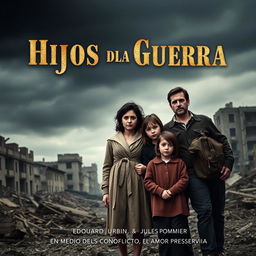 A poignant movie poster for the film 'Hijos de la Guerra' showcasing a sad family of five standing together amidst a backdrop of destruction from the Spanish Civil War