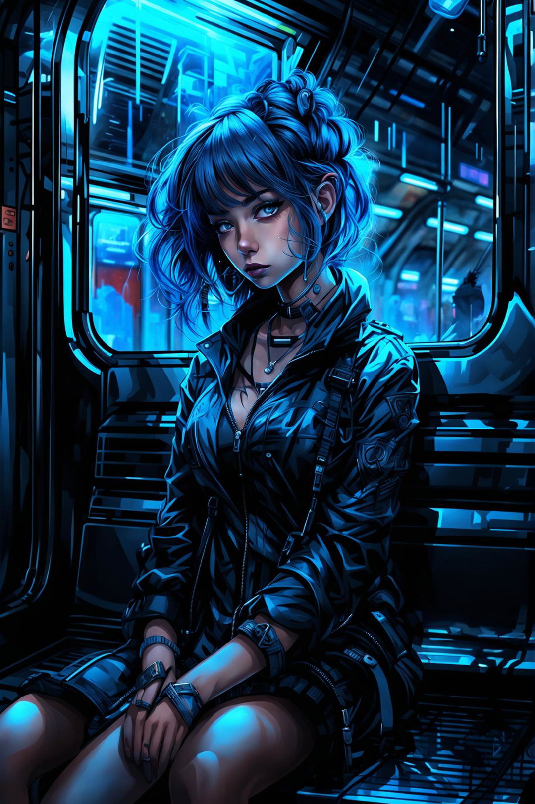 A high-resolution digital art of a cyberpunk girl with glowing, sky-blue hair in a subway car