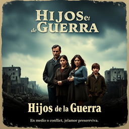 A poignant movie poster for the film 'Hijos de la Guerra' showcasing a sad family of five standing together amidst a backdrop of destruction from the Spanish Civil War