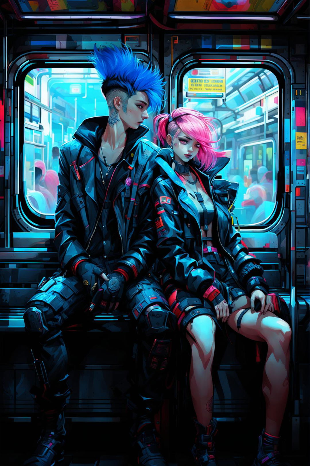 A detailed digital art image featuring a cyberpunk couple with sky-blue and neon-pink hair in a subway car