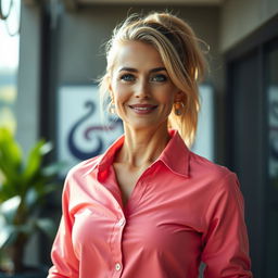A stylish portrait of a woman over 30 years old, wearing a buttoned-up shirt with long sleeves, fully secured at every button