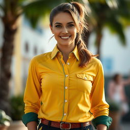 A stylish portrait of a woman over 30 years old, wearing a buttoned-up shirt with long sleeves, fully secured at every button
