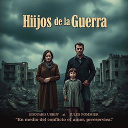 A poignant movie poster for the film 'Hijos de la Guerra' showcasing a sad family standing together amidst a backdrop of destruction from the Spanish Civil War