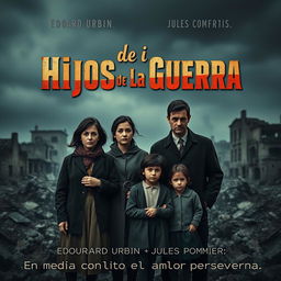 A poignant movie poster for the film 'Hijos de la Guerra' showcasing a sad family standing together amidst a backdrop of destruction from the Spanish Civil War