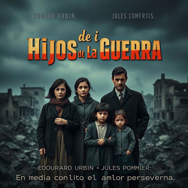 A poignant movie poster for the film 'Hijos de la Guerra' showcasing a sad family standing together amidst a backdrop of destruction from the Spanish Civil War