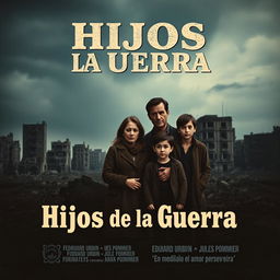 A poignant movie poster for the film 'Hijos de la Guerra' showcasing a sad family standing together amidst a backdrop of destruction from the Spanish Civil War