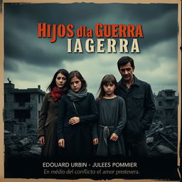 A poignant movie poster for the film 'Hijos de la Guerra' showcasing a sad family standing together amidst a backdrop of destruction from the Spanish Civil War