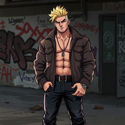 A character named Logan, depicted as a beefy gangster with striking blonde hair