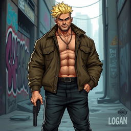 A character named Logan, depicted as a beefy gangster with striking blonde hair