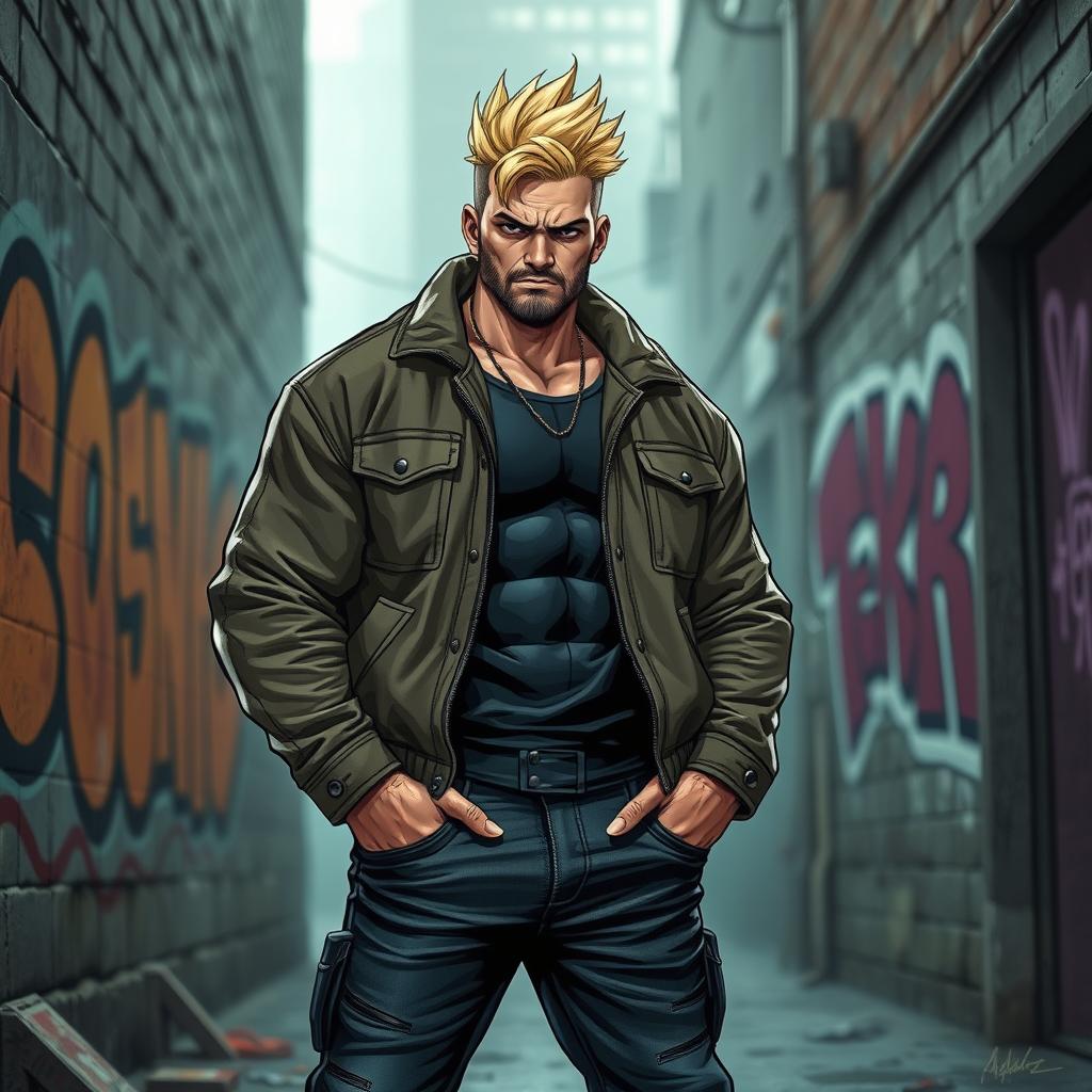 A character named Logan, depicted as a beefy gangster with striking blonde hair