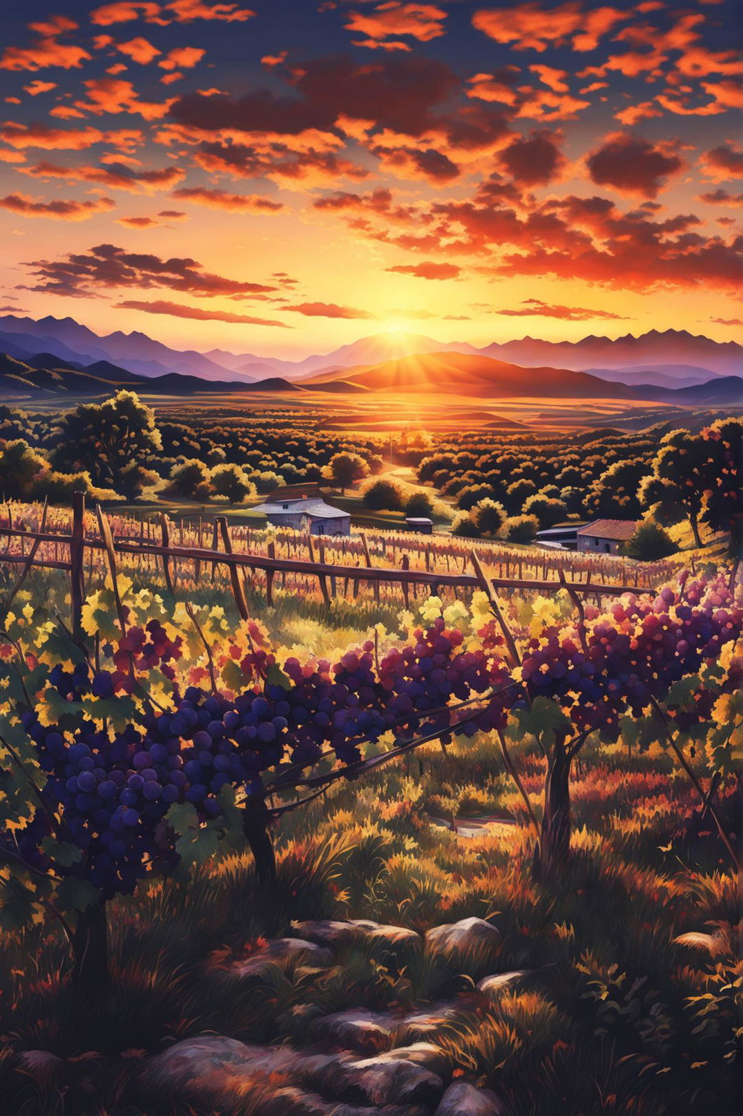 A stunning digital art image of a sprawling vineyard during the golden hour