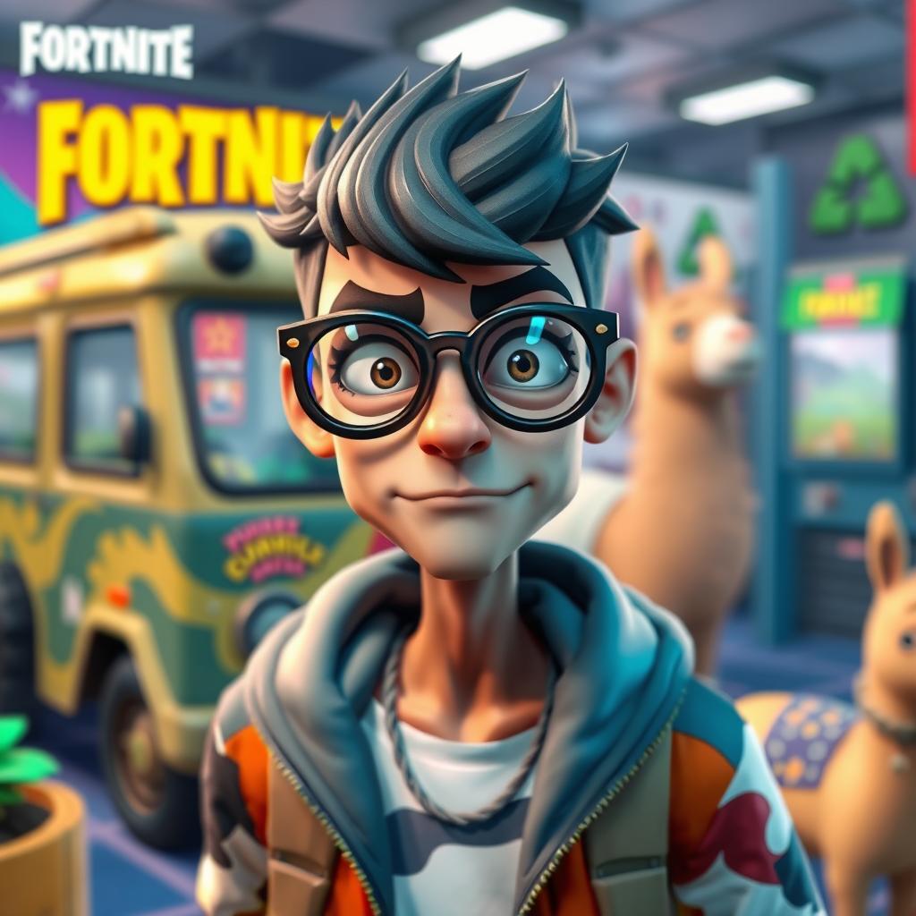 A skinny Fortnite player wearing quirky, oversized glasses that give off a unique and slightly suspicious vibe